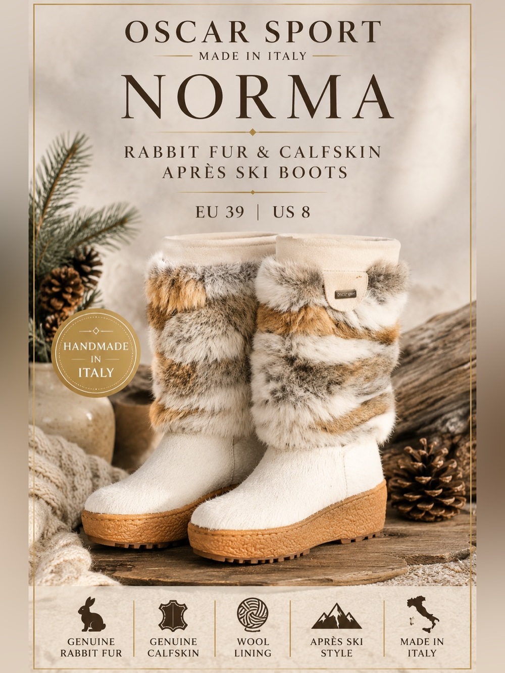 Oscar Sport Norma Rabbit Fur & Calfskin Wool-Lined Après Ski Boots Size 8